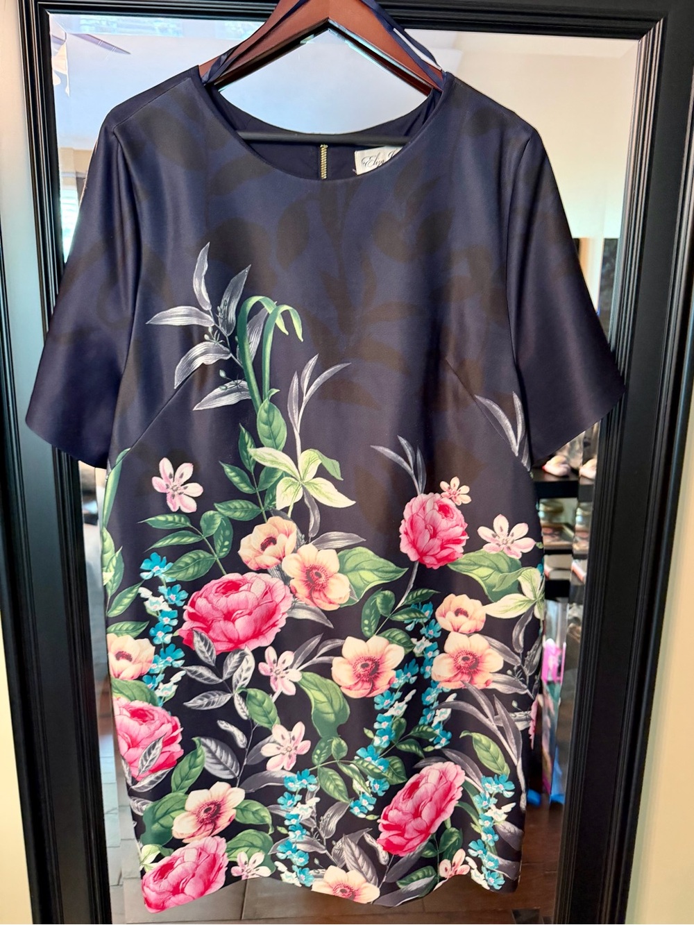 Eliza J Navy Floral Shift Dress with Pink & Green Blooms 💐